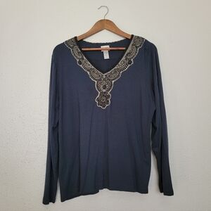 Chico's Embroidered Beaded V-Neck Long Sleeve Blouse